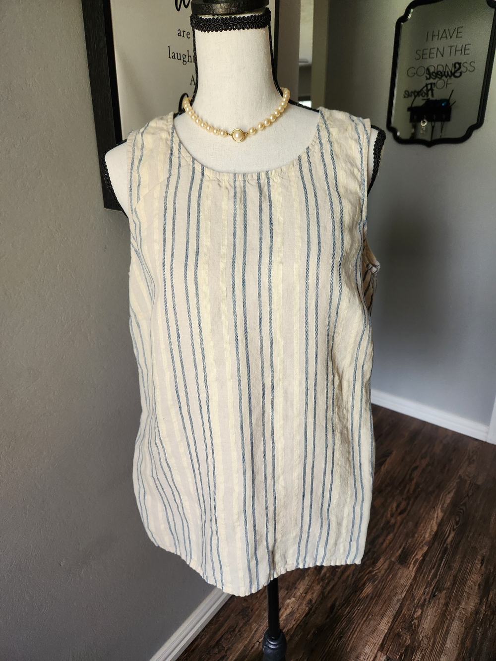 Ellen Tracy Cream Tank Top with Blue Vertical Stripes